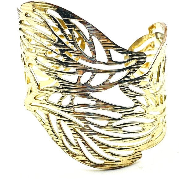 Gold Tone Cuff Bracelet Openwork Leaf Design Wide Statement Fashion Jewelry - Picture 2 of 6